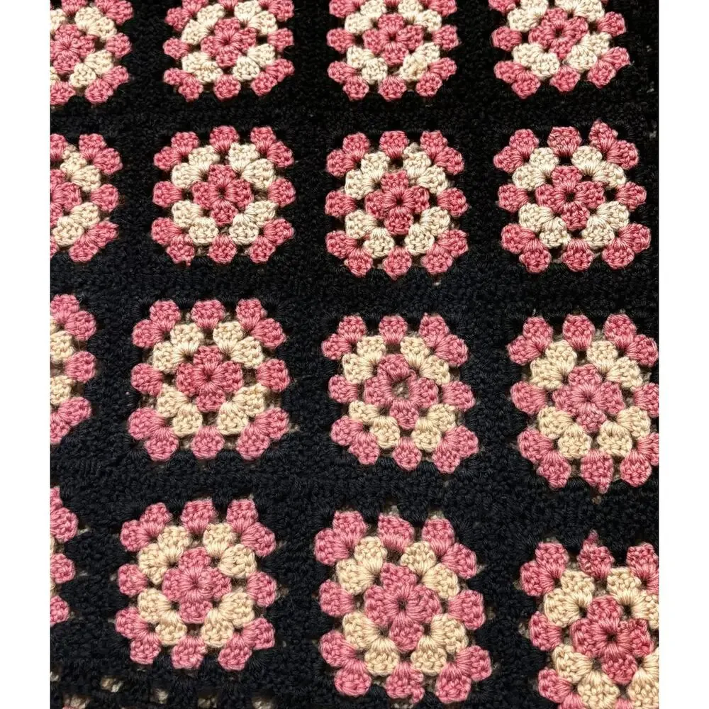 Vintage Handmade Granny Square Throw Pink Black Rose Floral Cottagecore 34x60